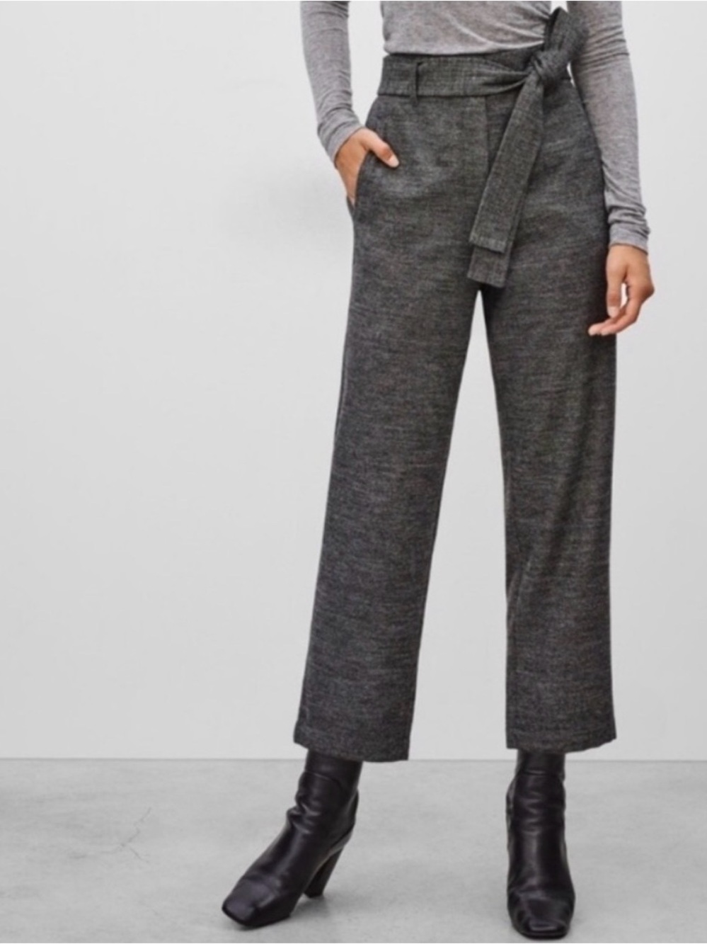 Aritzia Wilfred Wool Blend Tie Front Pants ‘Jallade’ Gray Cropped Corporate Chic